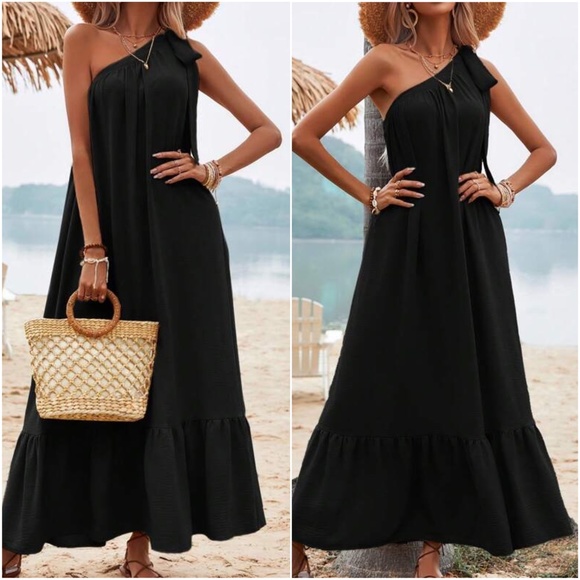 Solid One Shoulder Tie Ruffle Hem Maxi Dress - Picture 6 of 6